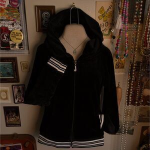 Juicy Couture Striped Velour Track Jacket Women's XS/Small Black White Zip Up